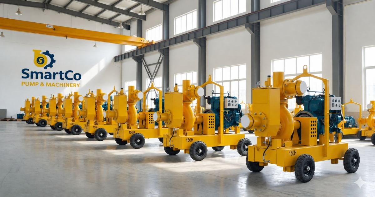Row of SmartCo diesel dewatering pump sets in the SmartCo warehouse