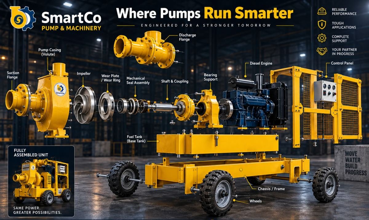 Exploded view of a SmartCo dewatering pump set: pump casing, impeller, wear plate, mechanical seal, bearing support, diesel engine, control panel, fuel tank, chassis and wheels