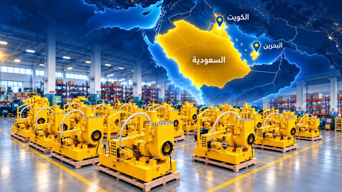 SmartCo pump sets in a warehouse under a map of Saudi Arabia, Bahrain and Kuwait